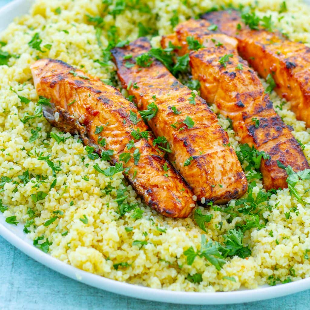 Harissa Salmon with Herby Couscous Easy Peasy Foodie