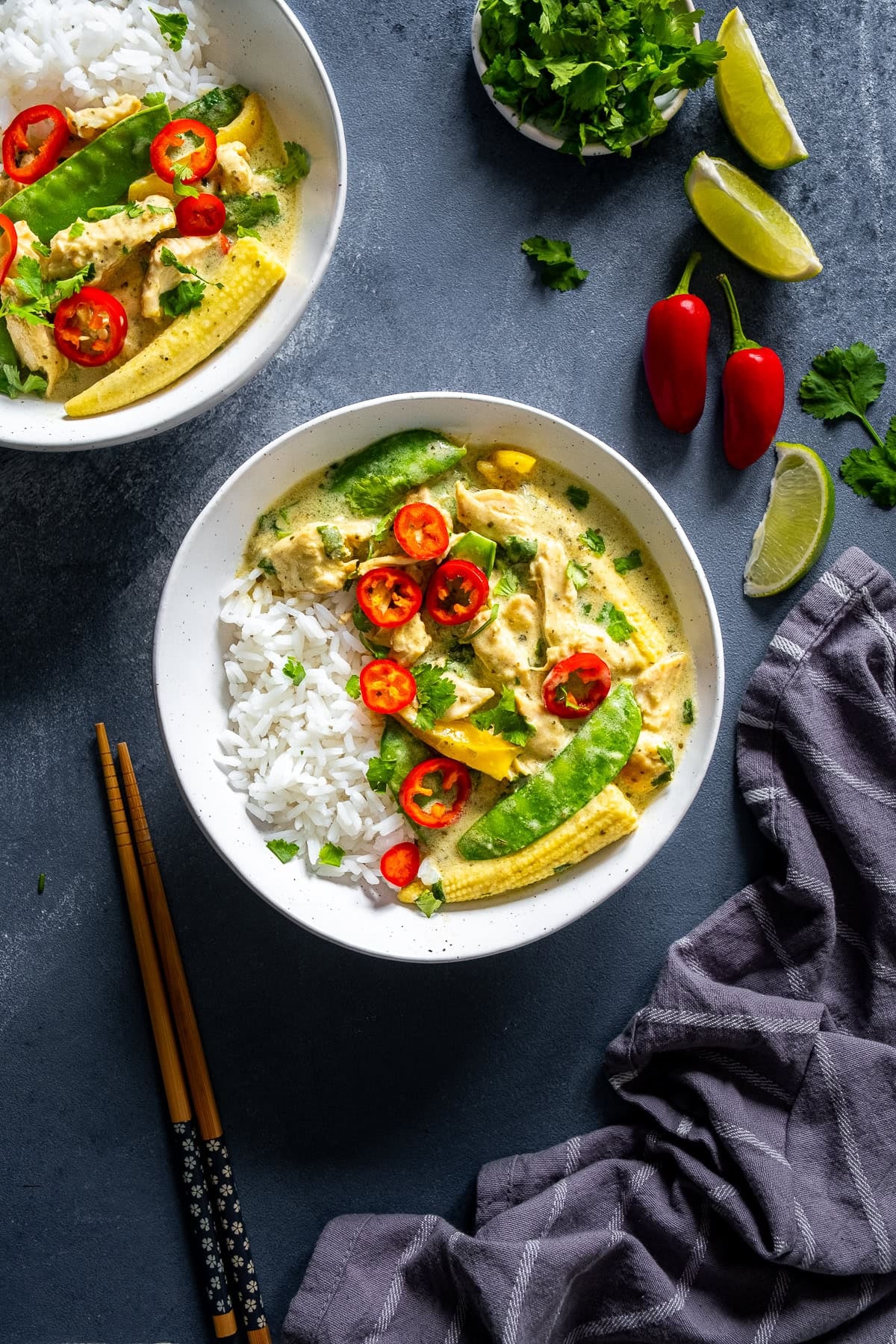 Overhead shot of 2 bowls of Leftover Turkey Thai Green Curry