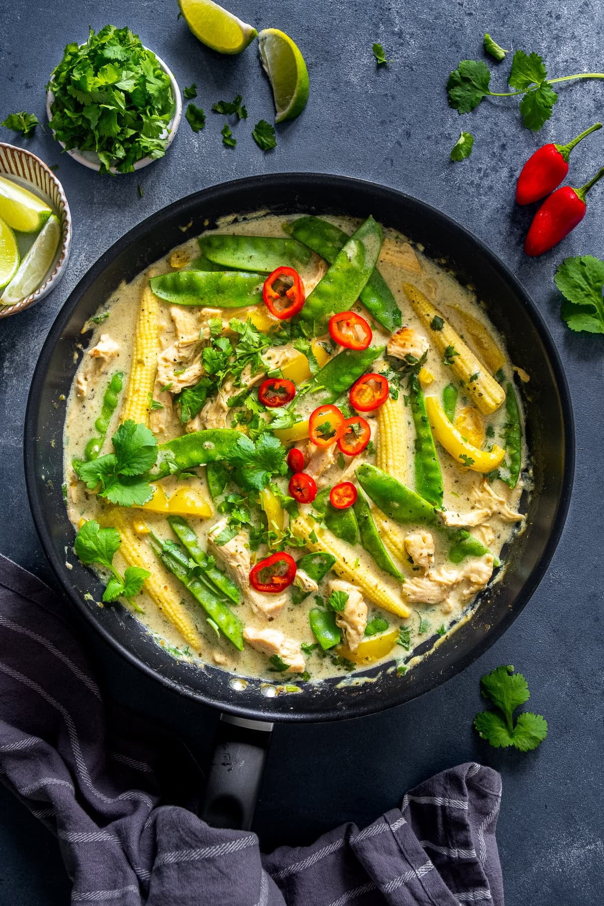 Overhead shot of Leftover Turkey Thai Green Curry in the pan.