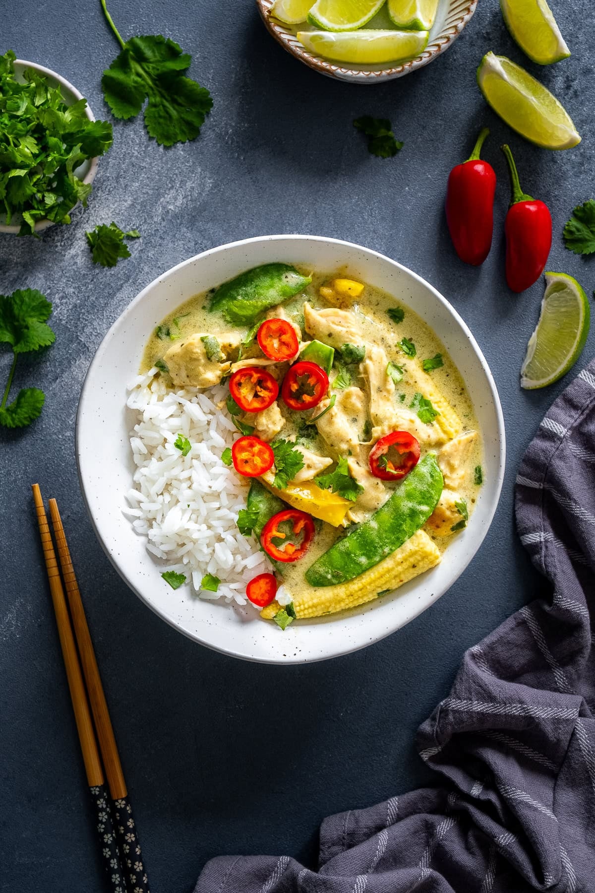Overhead shot of Leftover Turkey Thai Green Curry in a bowl.