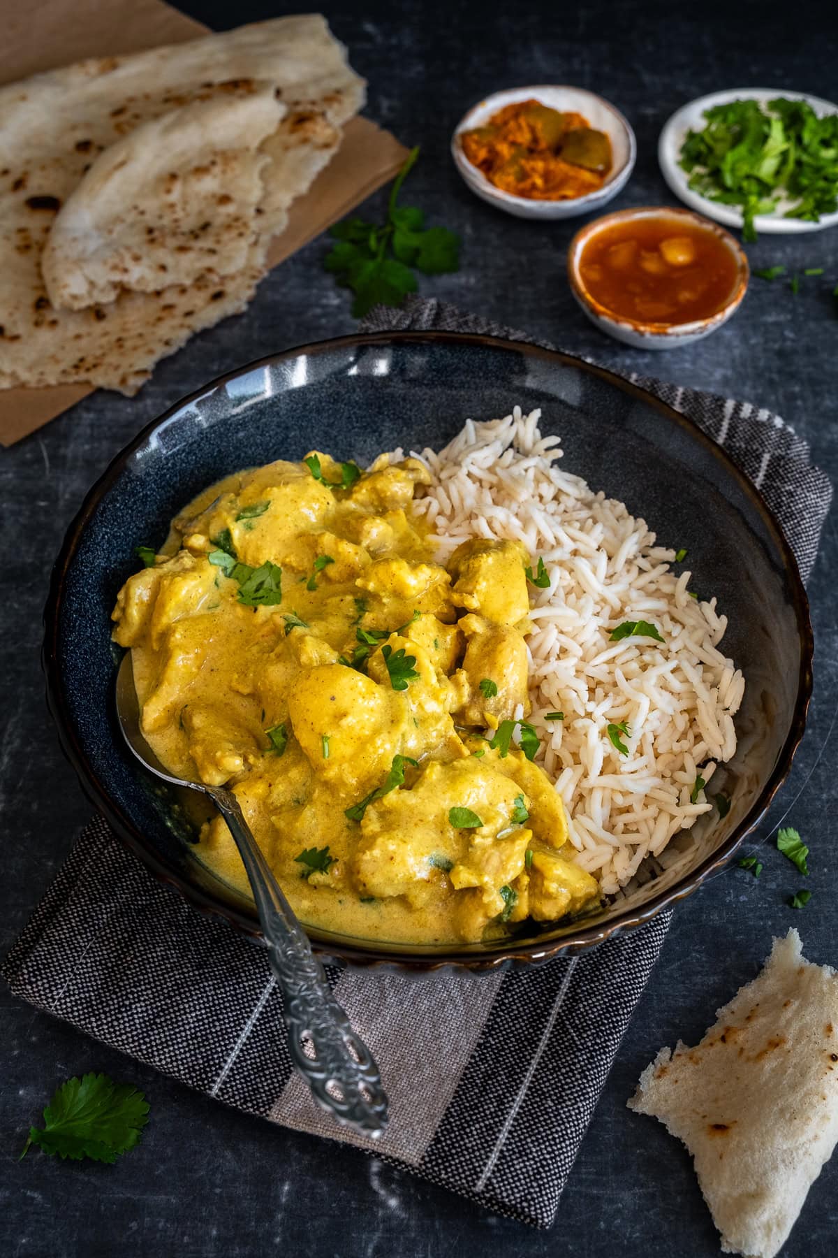 Closeup of Easy Chicken Korma in a bowl with basmati rice.
