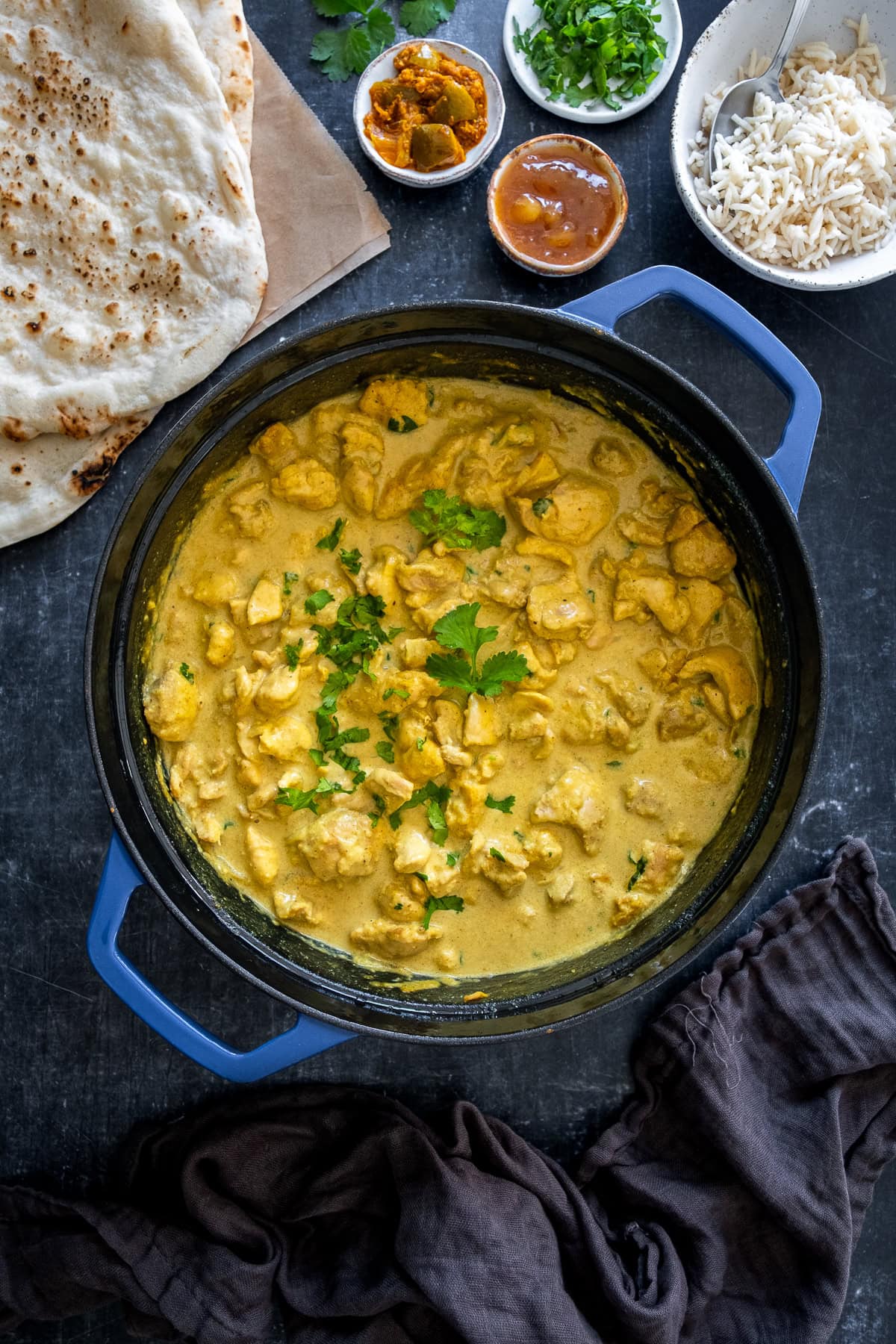 Overhead shot of Easy Chicken Korma in the pan.