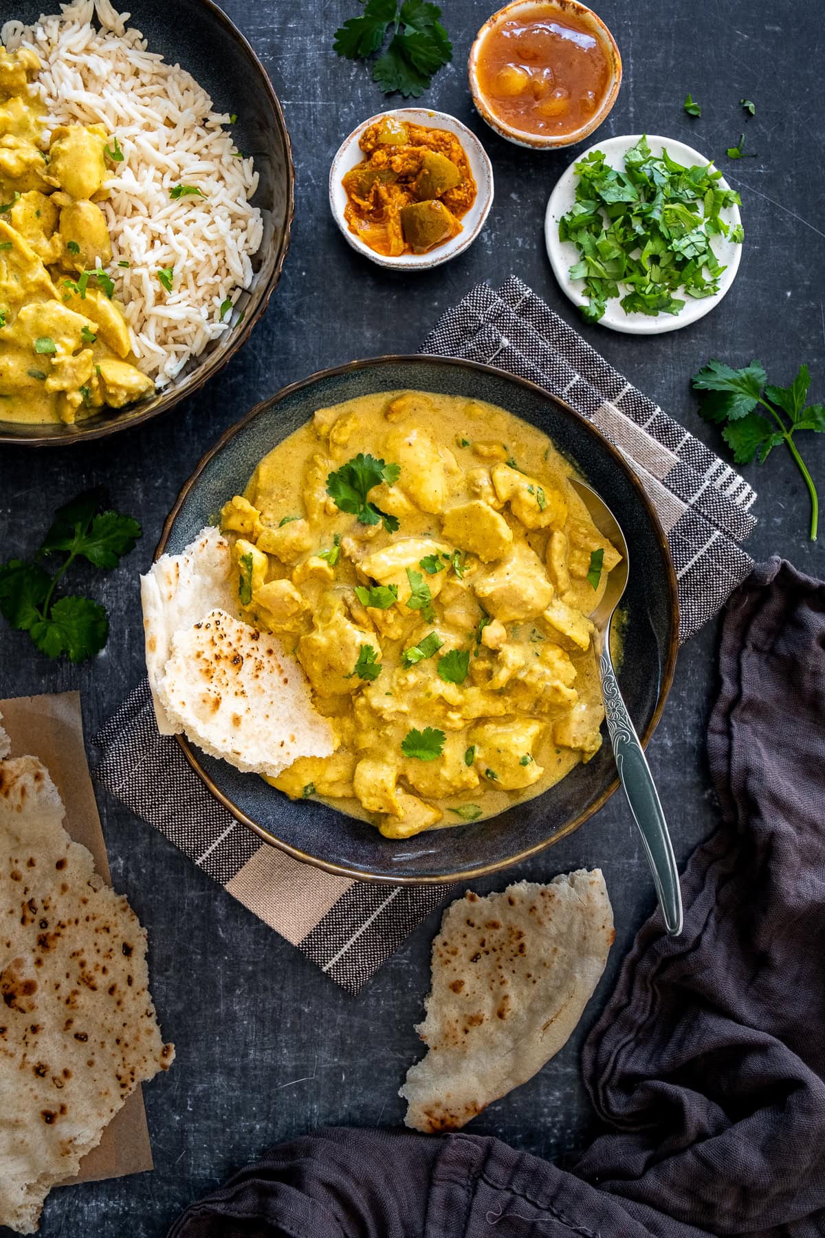 Overhead shot of Easy Chicken Korma in a bowl.