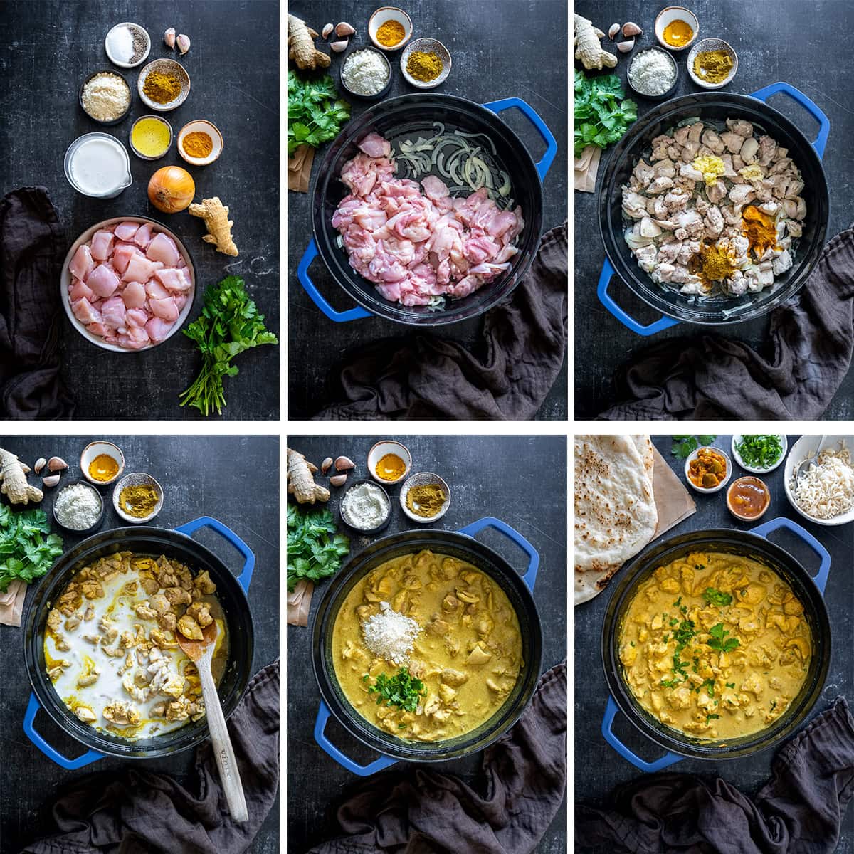 Collage showing 6 process shots for Easy Chicken Korma