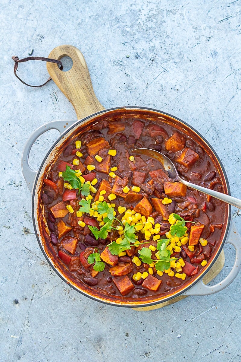 Overhead shot of Easy Vegetable Mole (Vegan) in the pan