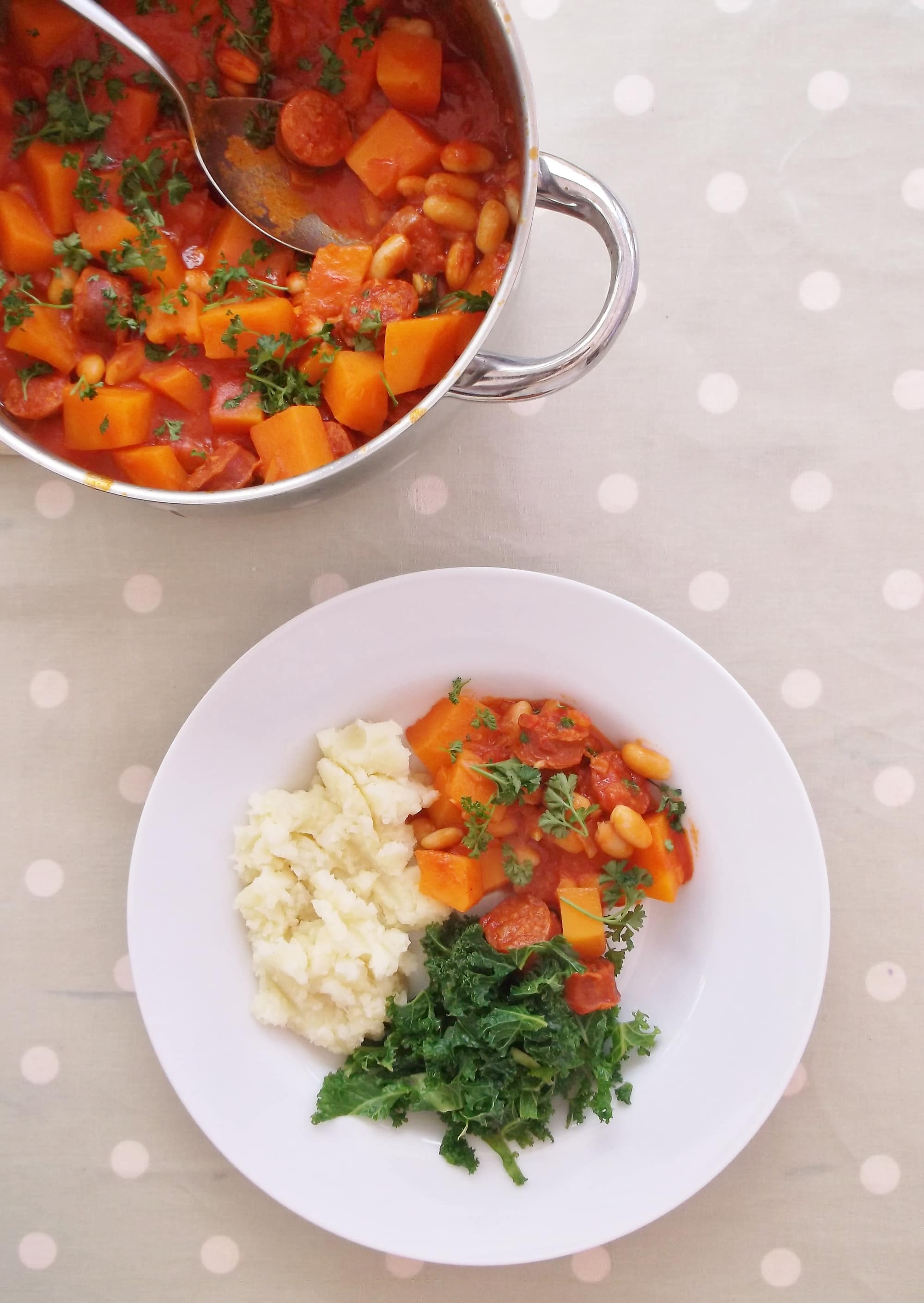 Chorizo, Cannellini Bean and Butternut Squash Stew with Mashed Potatoes