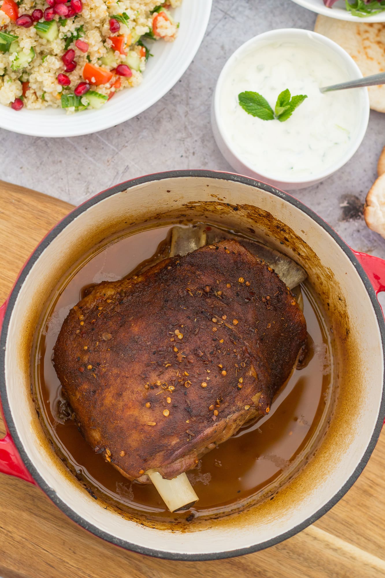 Slow Roast Ras el Hanout Lamb with Pomegranate and Quinoa Tabbouleh