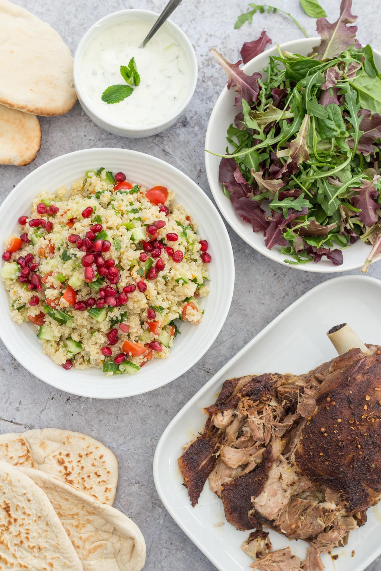 Slow Roast Ras el Hanout Lamb with Pomegranate and Quinoa Tabbouleh