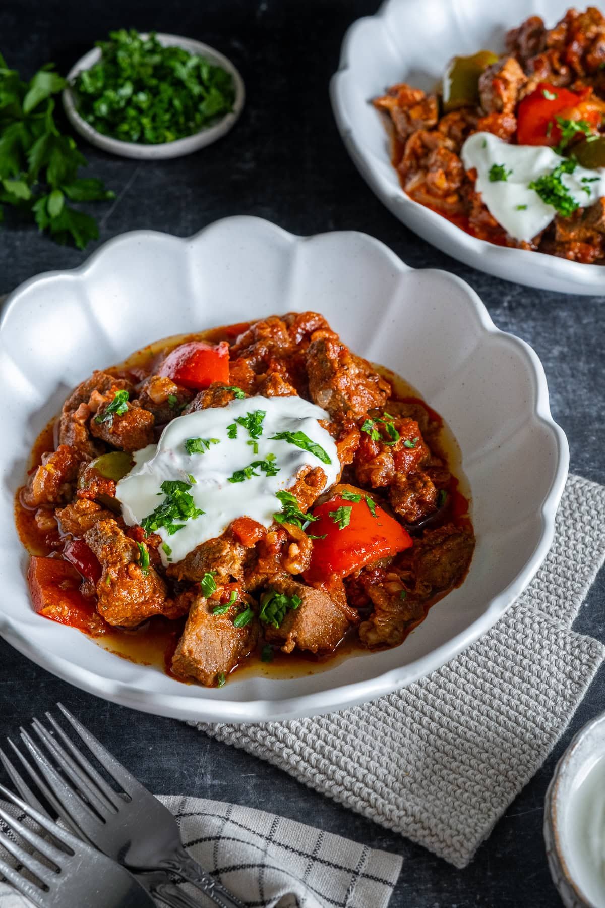 Closeup of Easy Hungarian Beef Goulash in a bowl.