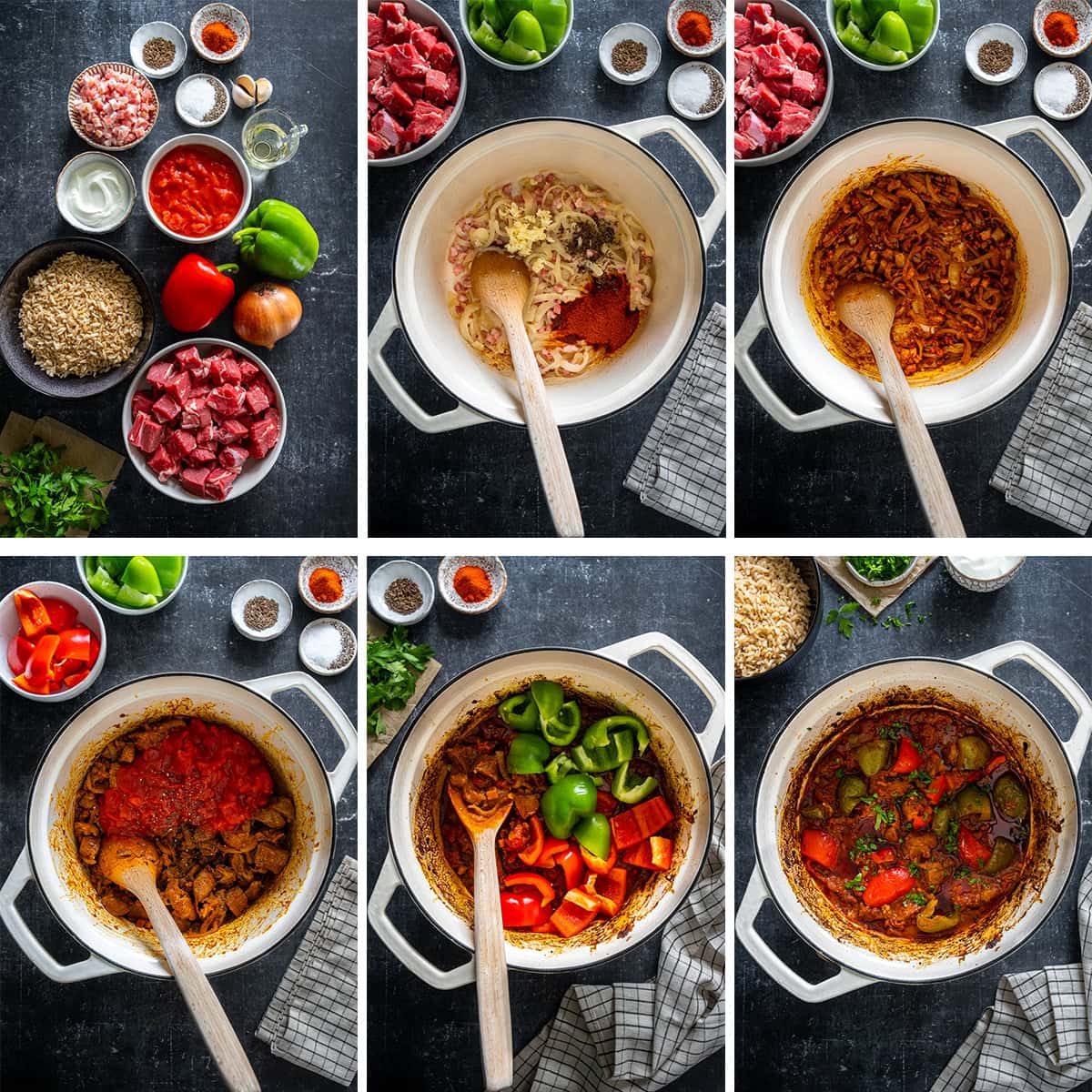 Collage showing 6 process shots for Easy Hungarian Beef Goulash