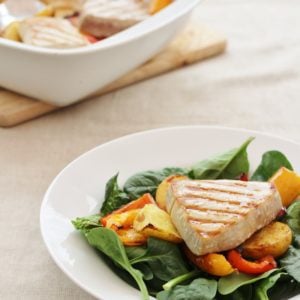Balsamic Glazed Tuna with Roasted Peppers and New Potatoes