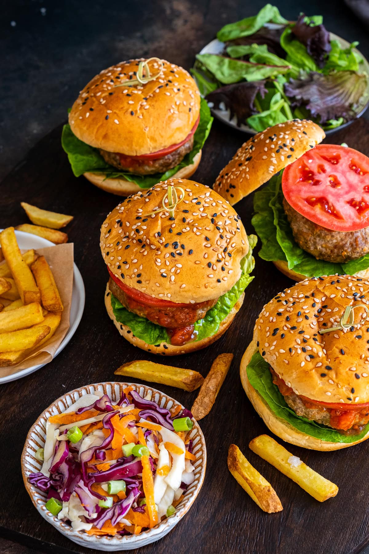 Easy Homemade Beef Burgers with Homemade Oven Chips and No Mayo Coleslaw