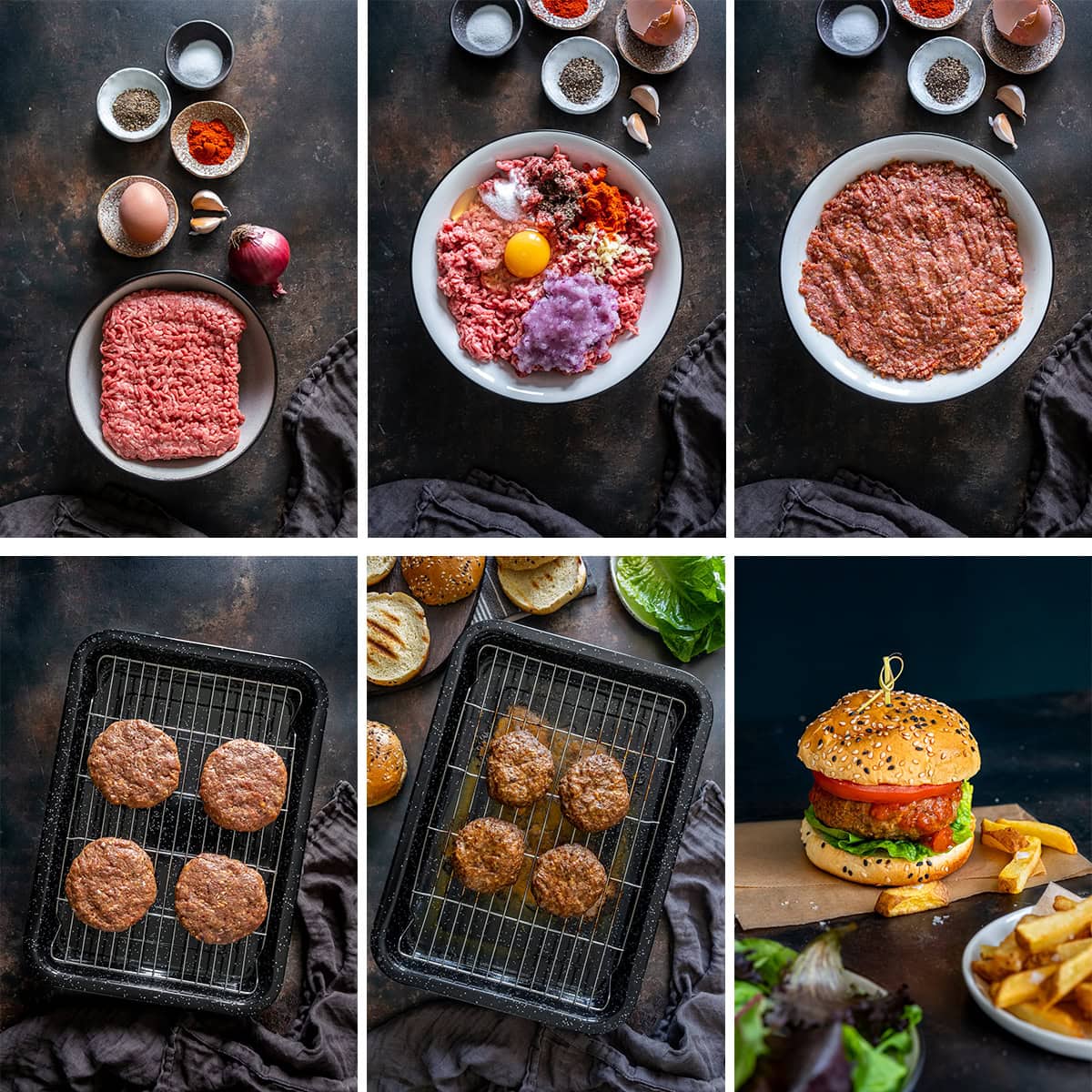 Collage showing 6 process shots for Easy Homemade Beef Burgers