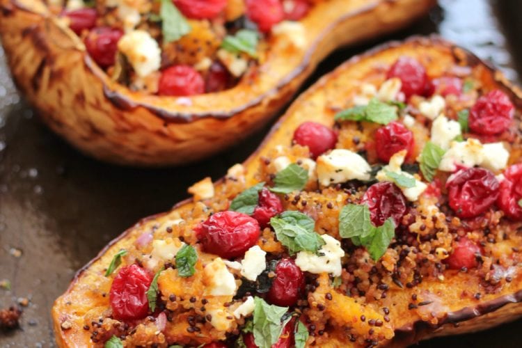 Cranberry, Feta and Quinoa Stuffed Butternut Squash