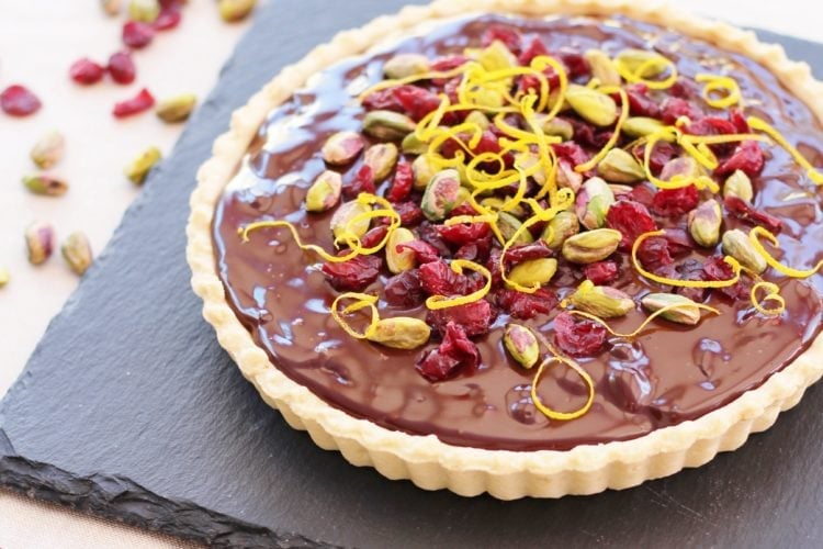 Chocolate Tart with Cranberries, Orange and Pistachios