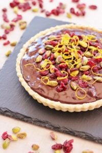 Chocolate Tart with Cranberries, Orange and Pistachios