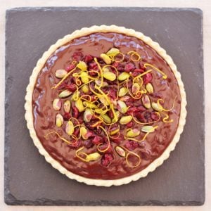 Chocolate Tart with Cranberries, Orange and Pistachios