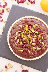 Chocolate Tart with Cranberries, Orange and Pistachios 