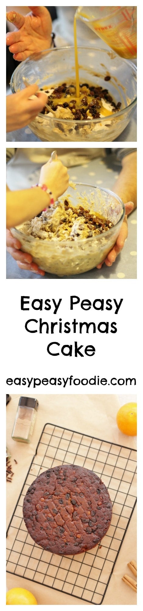 This Easy Peasy Christmas Cake is a well tried and tested family recipe that has stood the test of time (several decades in my family). It doesn't need feeding and so is suitable to give to kids - if they'll eat it!! #christmascake #easychristmascake #easypeasychristmascake #homemadechristmascake #easychristmasbaking #christmasbaking #bakingwithkids #easychristmas #easypeasychristmas #easypeasyfoodie