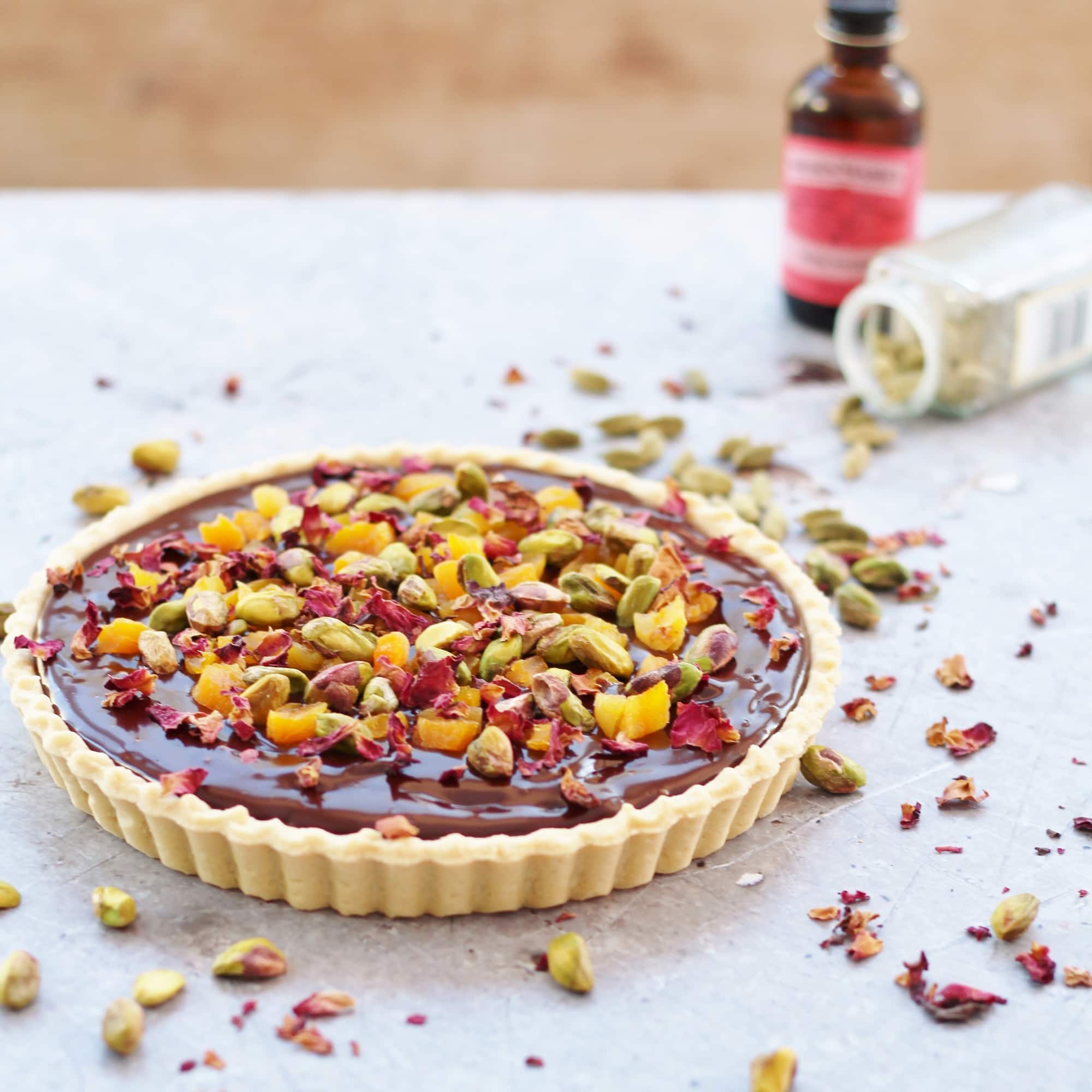Chocolate Tart with Cardamom, Apricots and Rose Petals - Easy