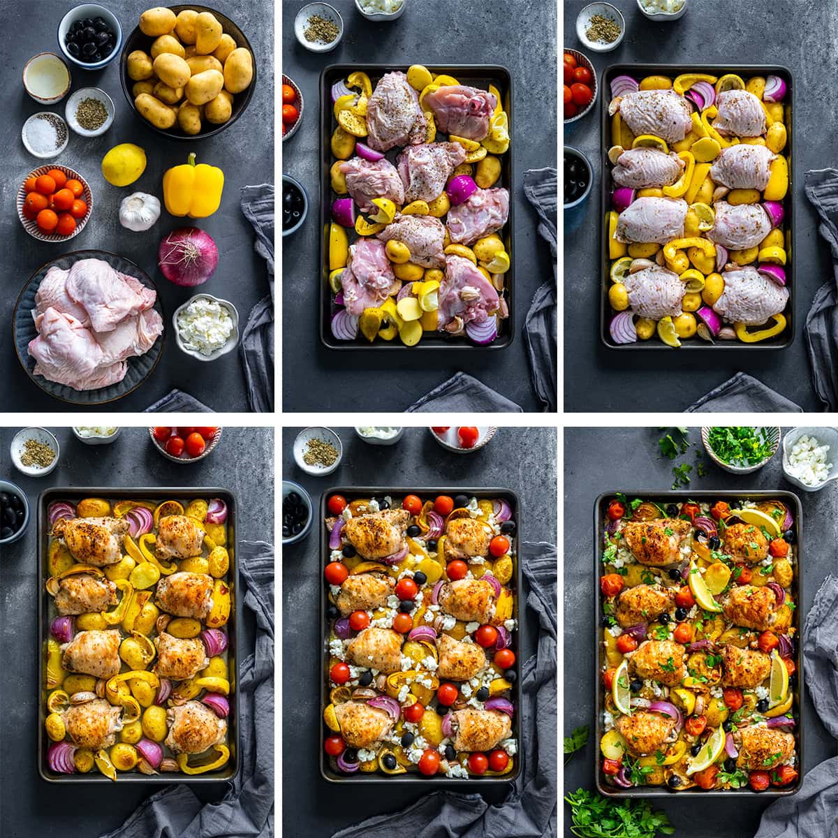 Collage showing 6 process shots for Greek Chicken Traybake