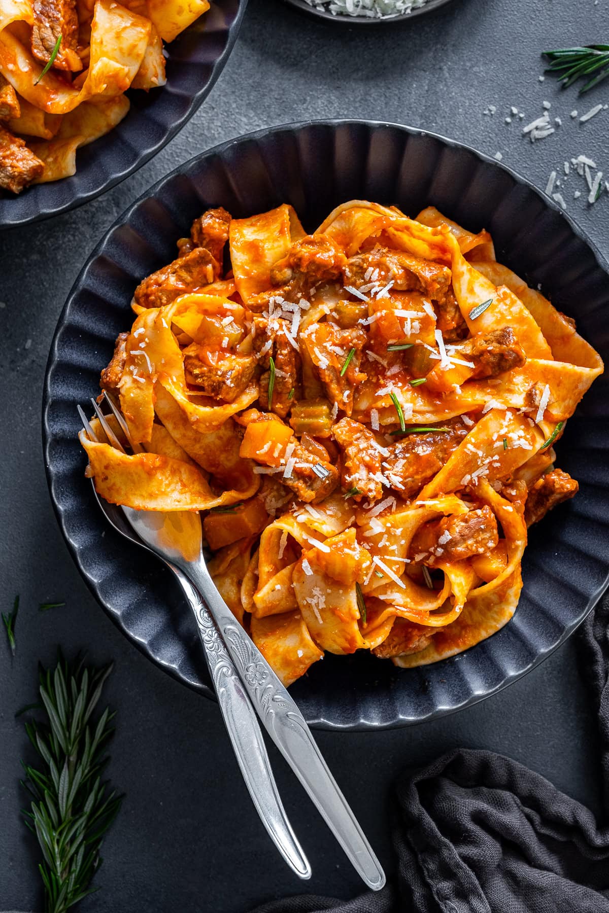 Overhead closeup shot of Leftover Lamb Ragu in a bowl.