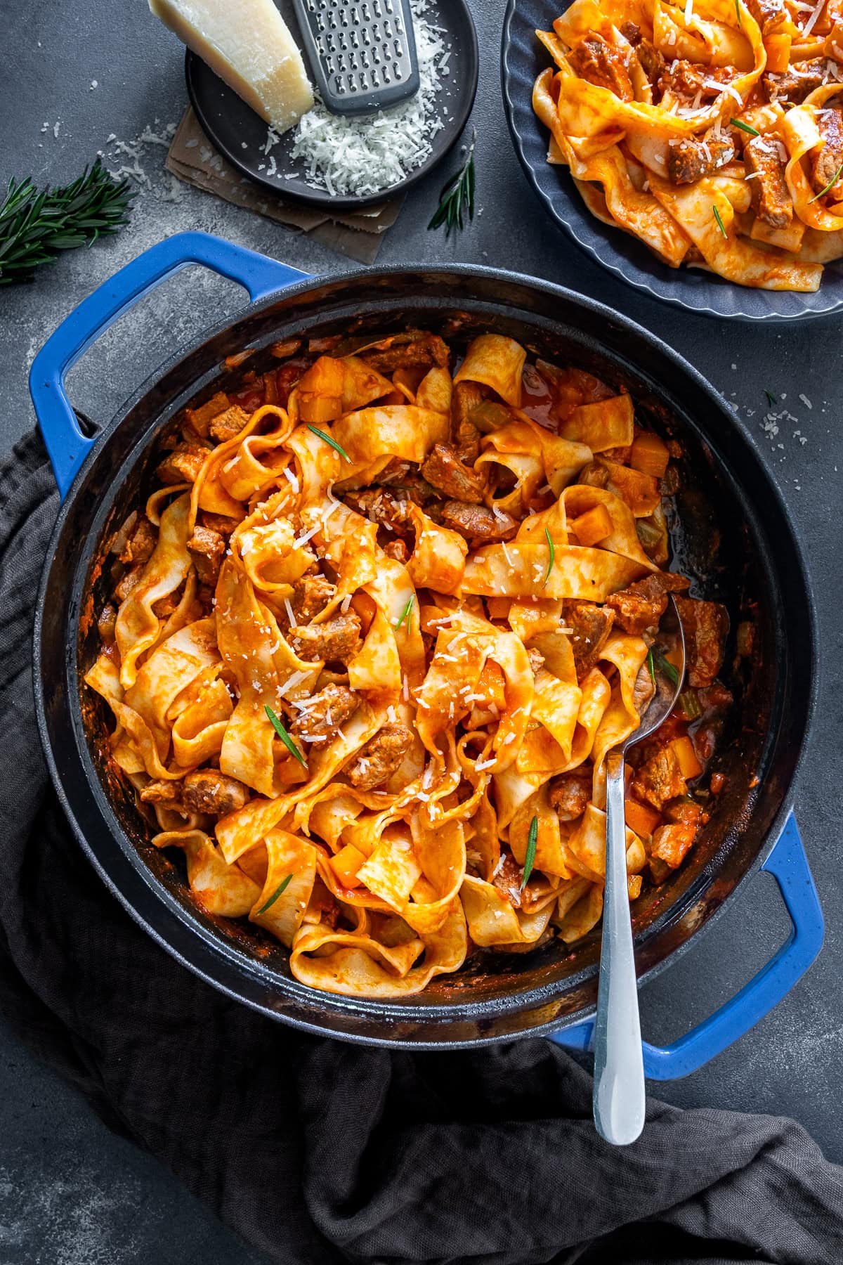 Overheat shot of Leftover Lamb Ragu in the pan.