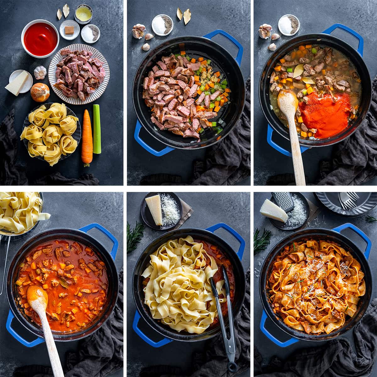 Collage showing 6 process shots for Leftover Lamb Ragu
