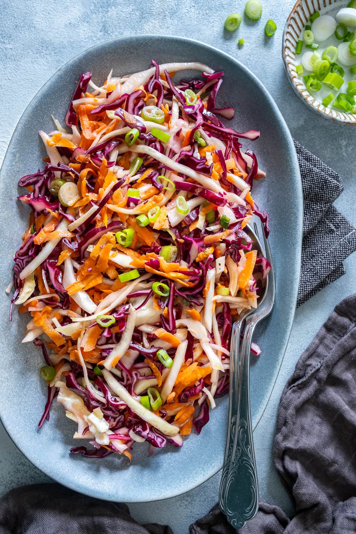 Overhead shot of Easy No Mayo Coleslaw on a serving platter.