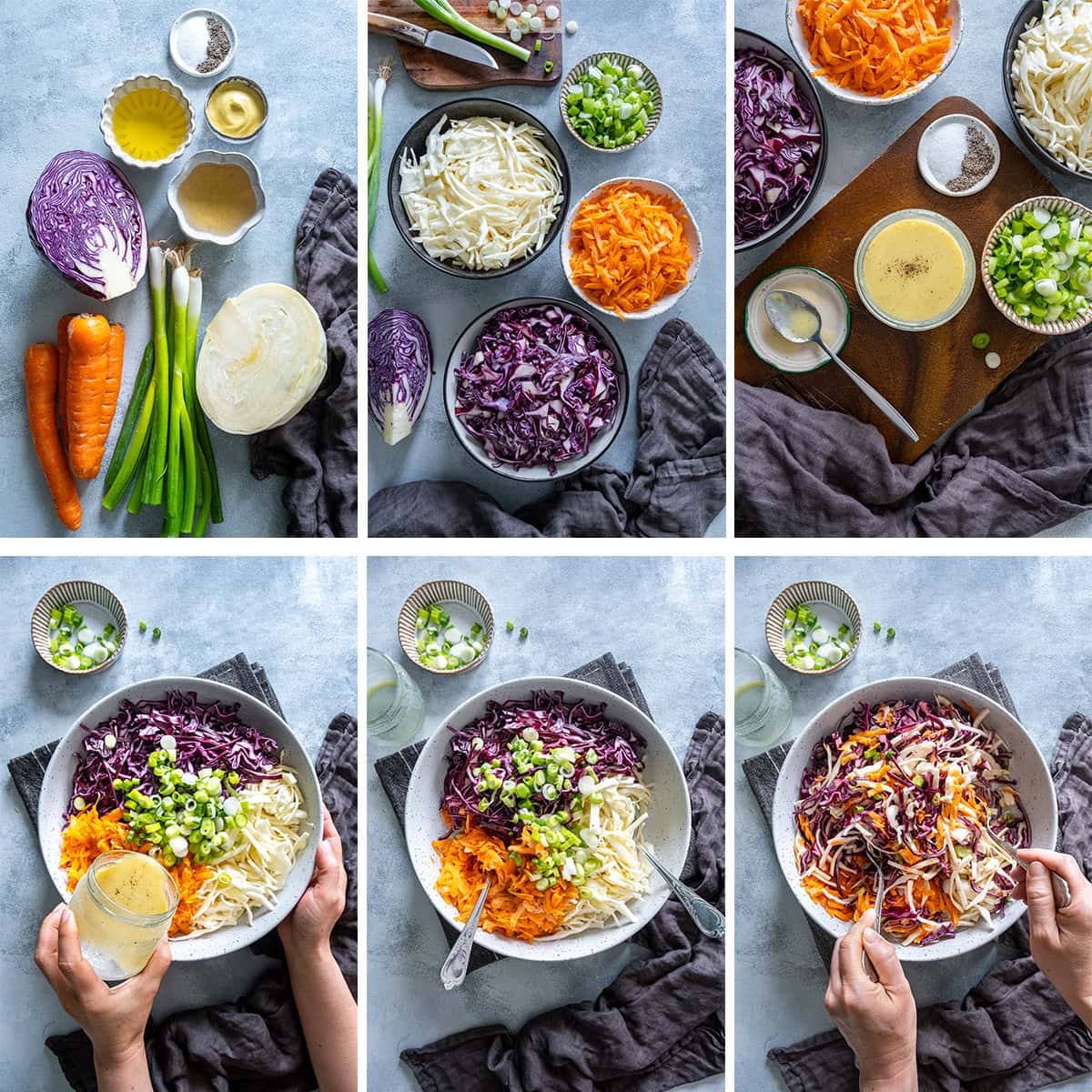 Collage showing 6 process shots for Easy No Mayo Coleslaw