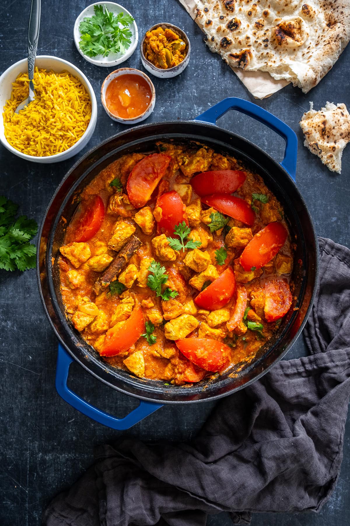 Overhead shot of Easy Chicken Rogan Josh in the pan