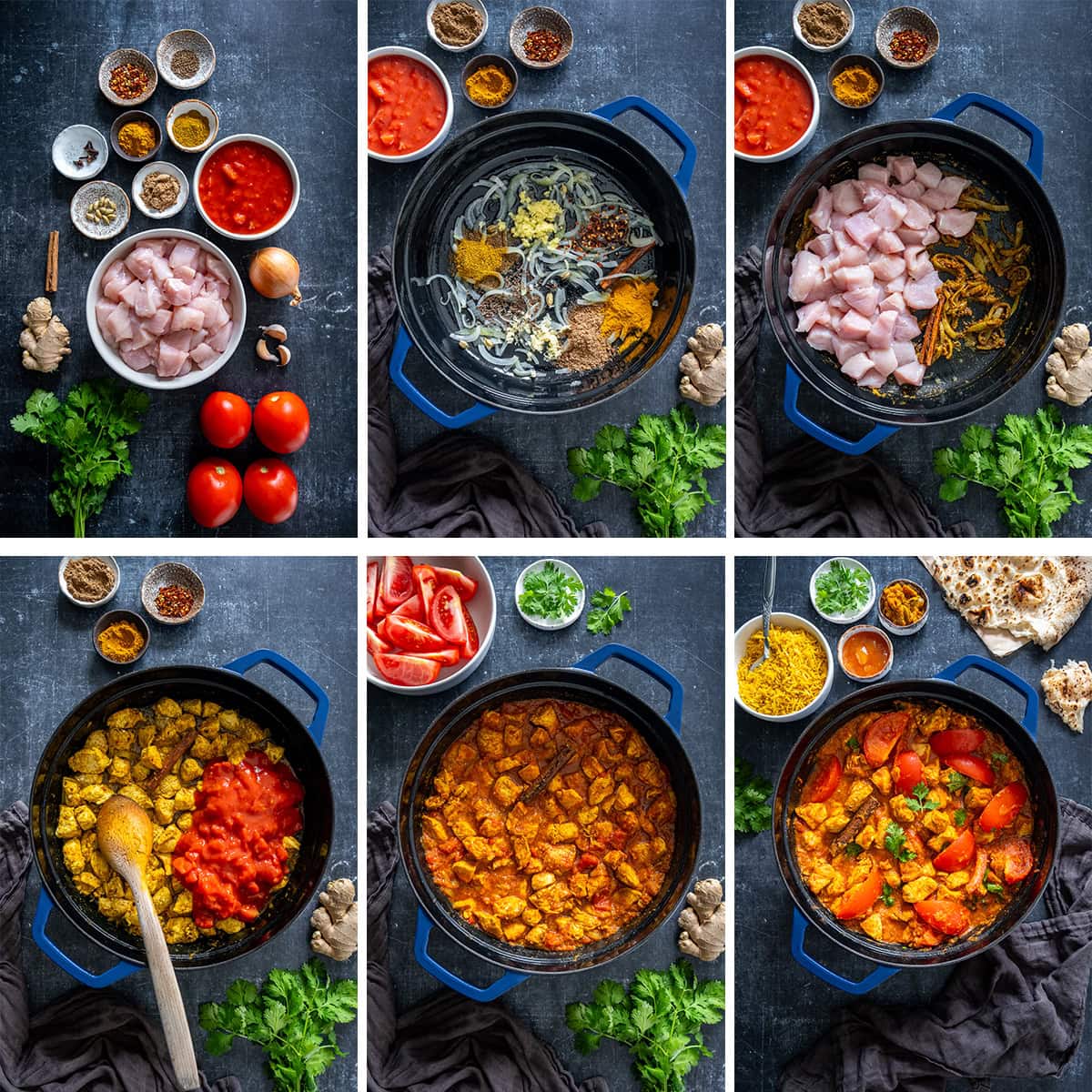 Collage showing 6 process shots for Easy Chicken Rogan Josh