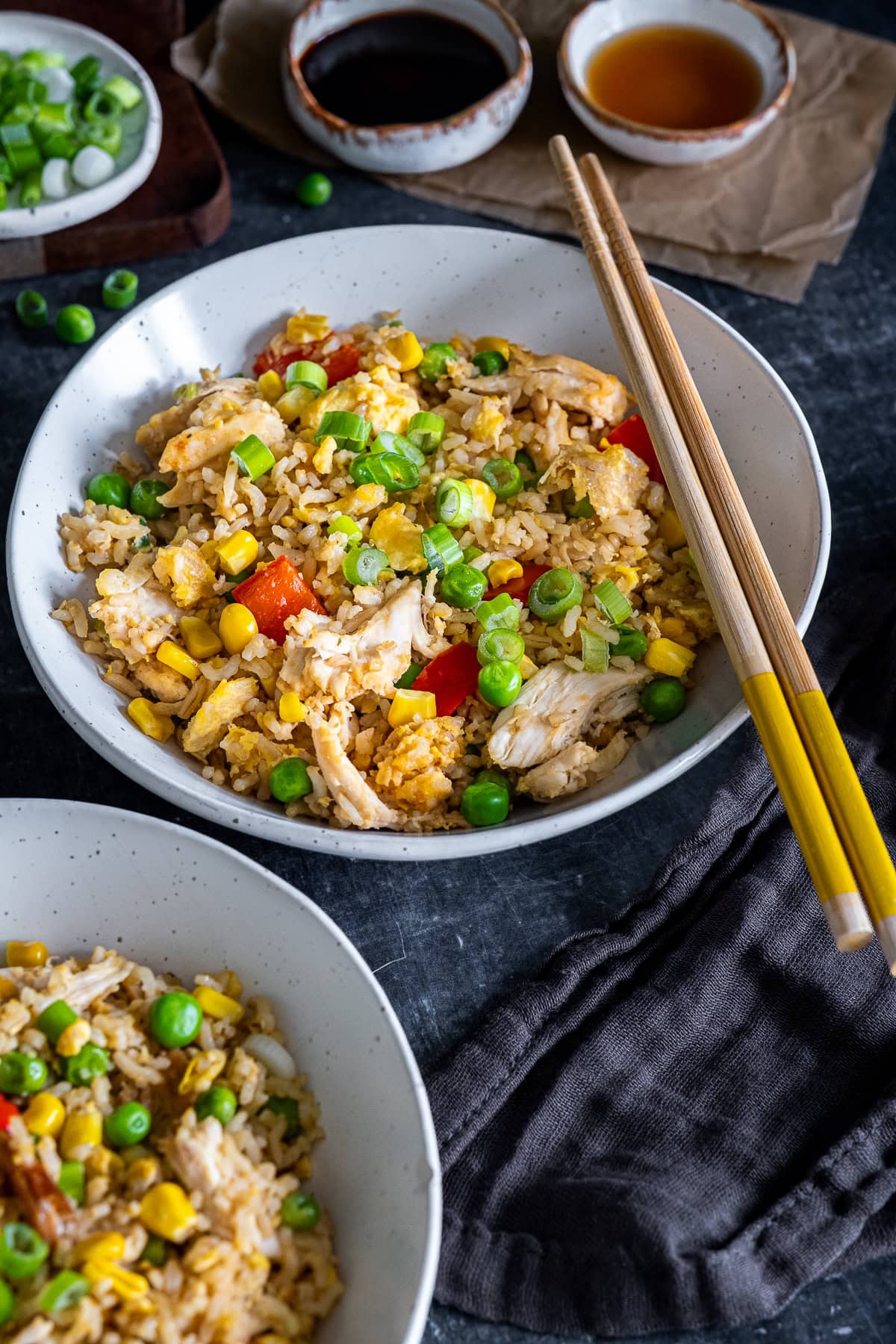 Closeup of 1 bowl of Leftover Chicken Fried Rice