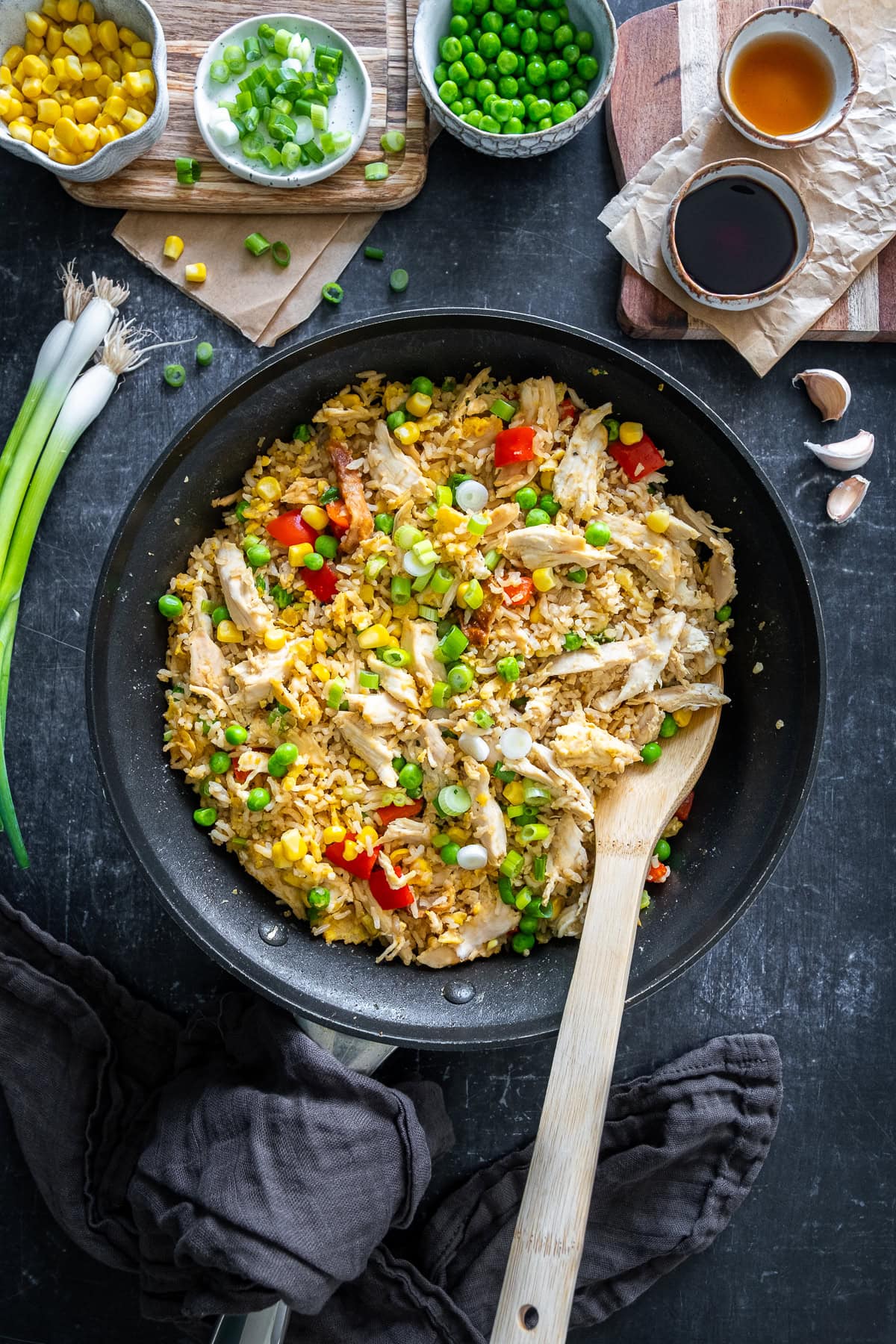 Overhead shot of Leftover Chicken and Egg Fried Rice in a wok.