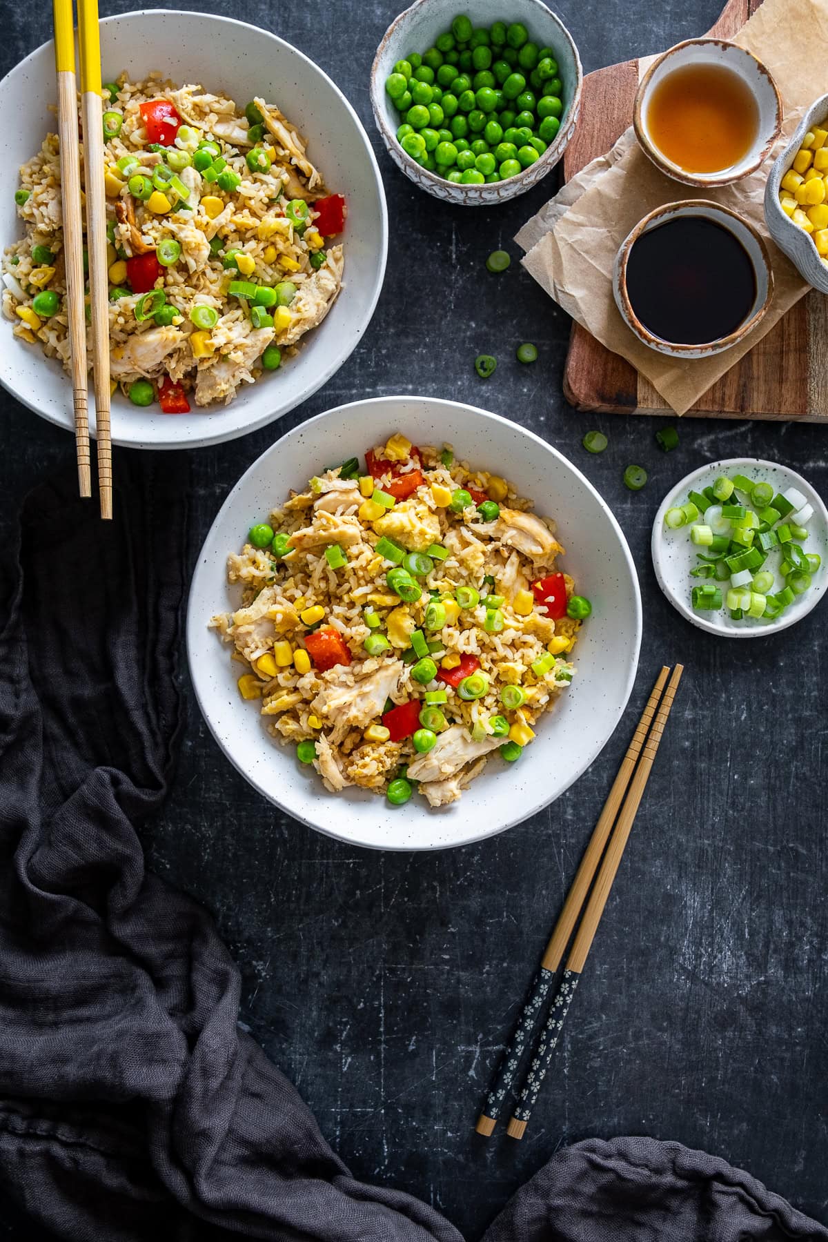 Overhead shot of Leftover Chicken Fried Rice in 2 bowls.
