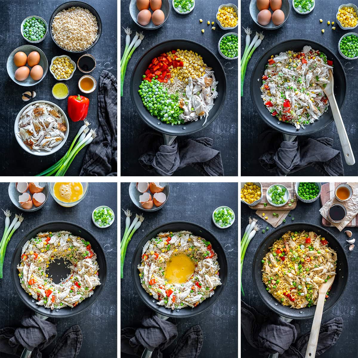 Collage showing 6 process shots for Leftover Chicken and Egg Fried Rice