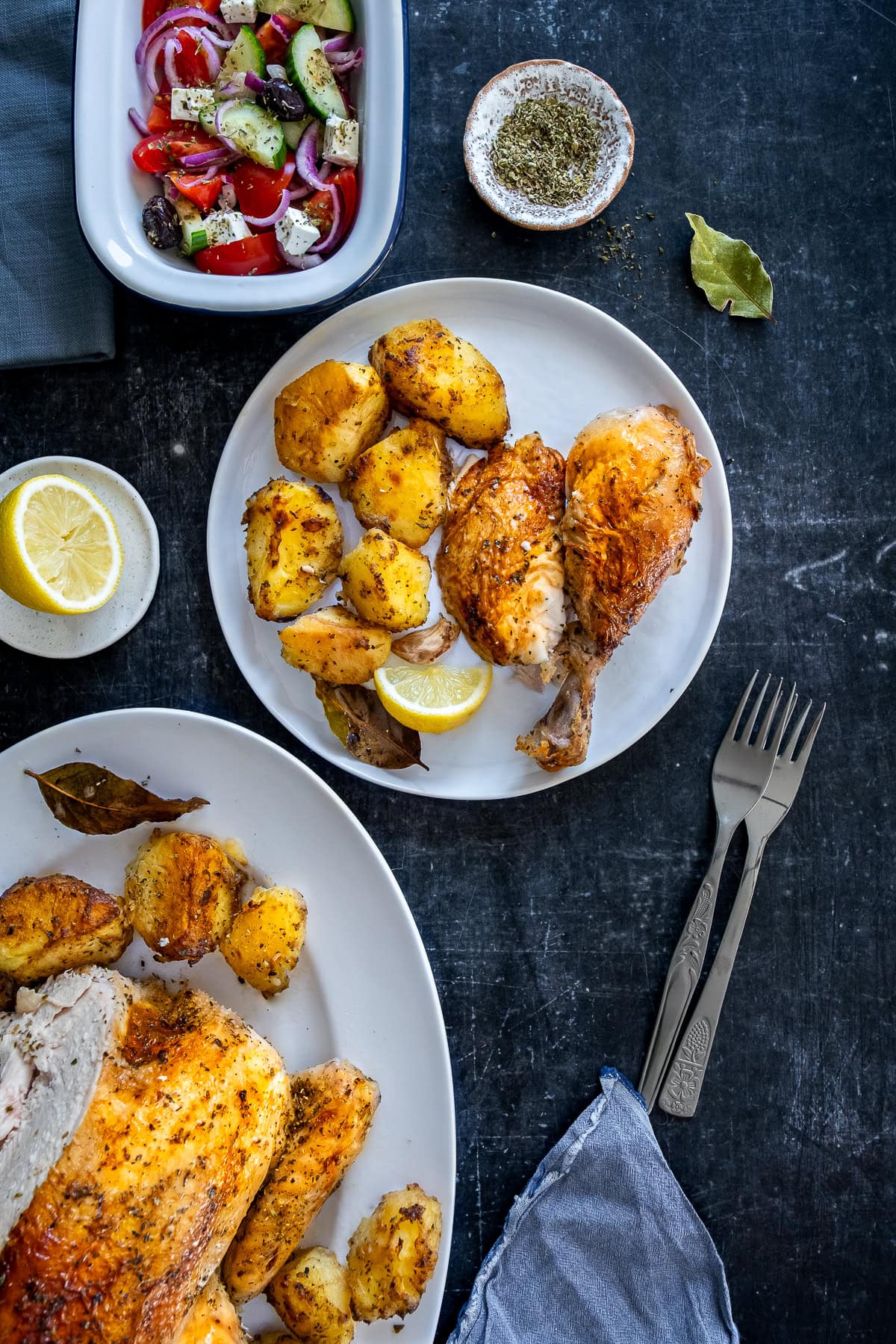 One Pan Greek Roast Chicken and Roast Potatoes with Greek Salad