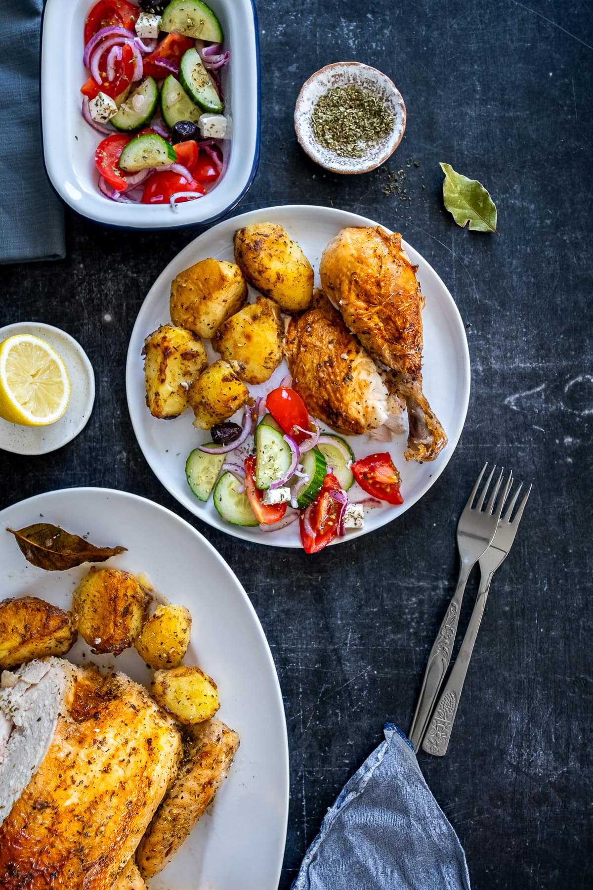 One Pan Greek Roast Chicken and Roast Potatoes with Greek Salad.