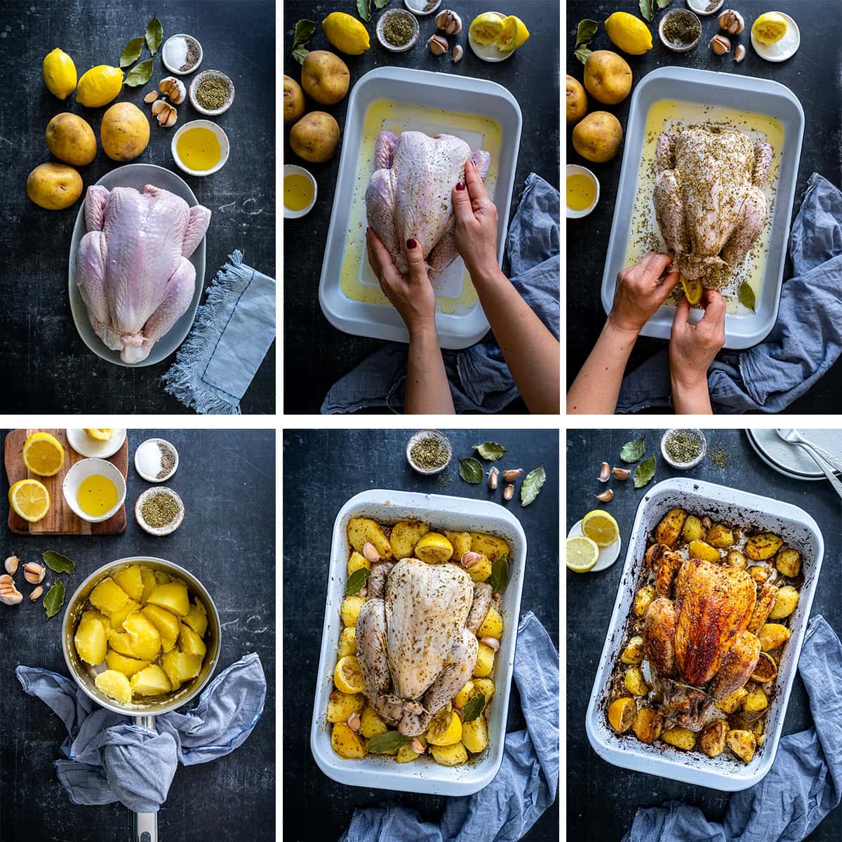 Collage showing 6 process shots for One Pan Greek Roast Chicken and Roast Potatoes
