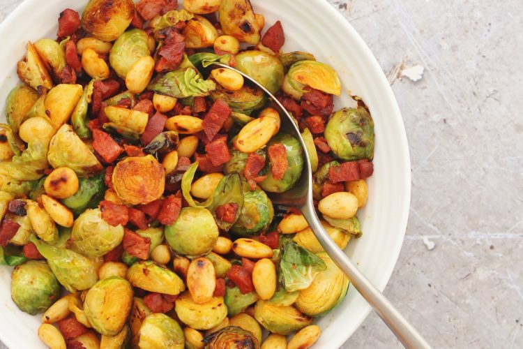 Pan Fried Sprouts with Chorizo and Almonds
