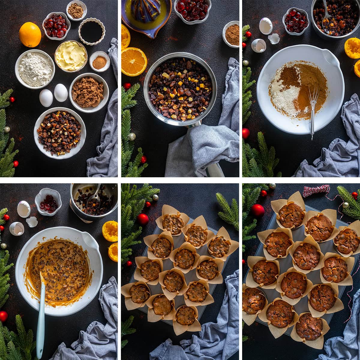 Collage showing 6 process shots for Easy Christmas Cake Muffins