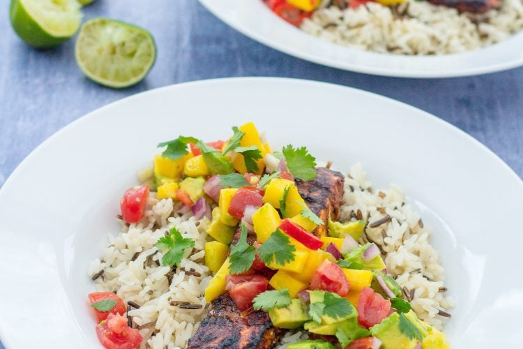 Jerk Salmon with Mango and Avocado Salsa