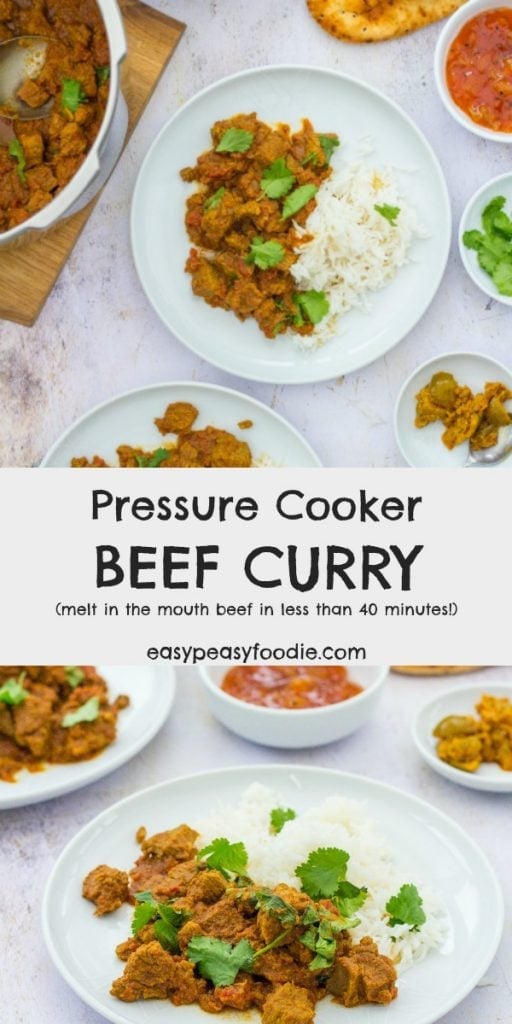 Beef curry in 40 minutes? Surely not possible? It is thanks to my new toy! This Pressure Cooker Beef Curry tastes just like my slow cooked beef curries (the ones which take hours and hours in the oven or slow cooker) but takes just 40 minutes – that’s faster than it takes to get curry delivered from my local curry restaurant! #beef #curry #beefcurry #pressurecooker #pressurecooking #easyfood #quickfood #fastfood #fakeaway #currynight #curryandrice #easymeals #easydinners #easypeasyfoodie 