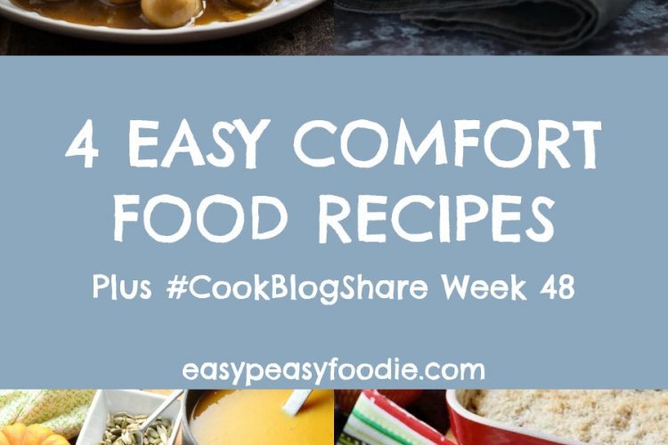 As the nights draw in and the days become increasingly hectic with Christmas preparations, simple warming meals are what is required. Here are 4 Easy Comfort Food Recipes – perfect for this time of year! Plus find the linky for #CookBlogShare Week 48. #comfortfood #winterwarmers #autumnfood #fallfood #pasta #currypie #curry #chickenpie #stroganoff #sausages #sausagestroganoff #soup #butternutsquashsoup #roastedbutterutsquash #easydinners #easymeals #midweekmeals #familymeals #easypeasyfoodie
