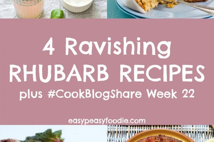 Discover the wonderful versatility of this seasonal delight with these 4 ravishing rhubarb recipes! Plus find the linky for #CookBlogShare Week 22… #rhubarb #rhubarbrecipes #seasonalrhubarb #springrecipes #rhubarbcake #rhubarbcordial #rhubarbupsidedowncake #rhubarbmuffins #easypeasyfoodie