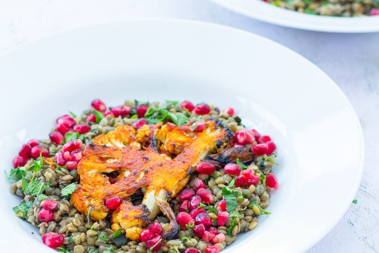 Harissa Spiced Cauliflower Steaks with Herby Green Lentils (Vegan)