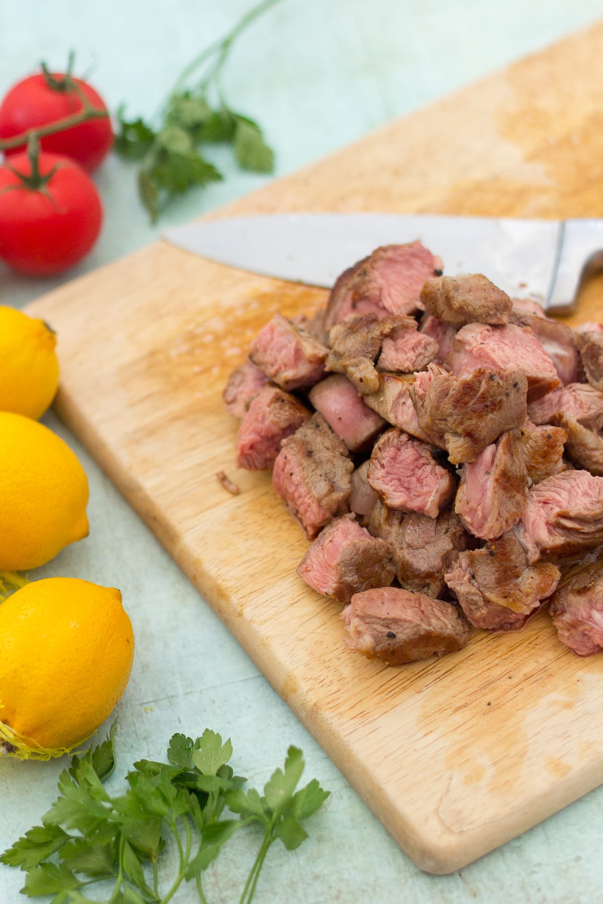 Pan fried lamb leg steaks (diced)