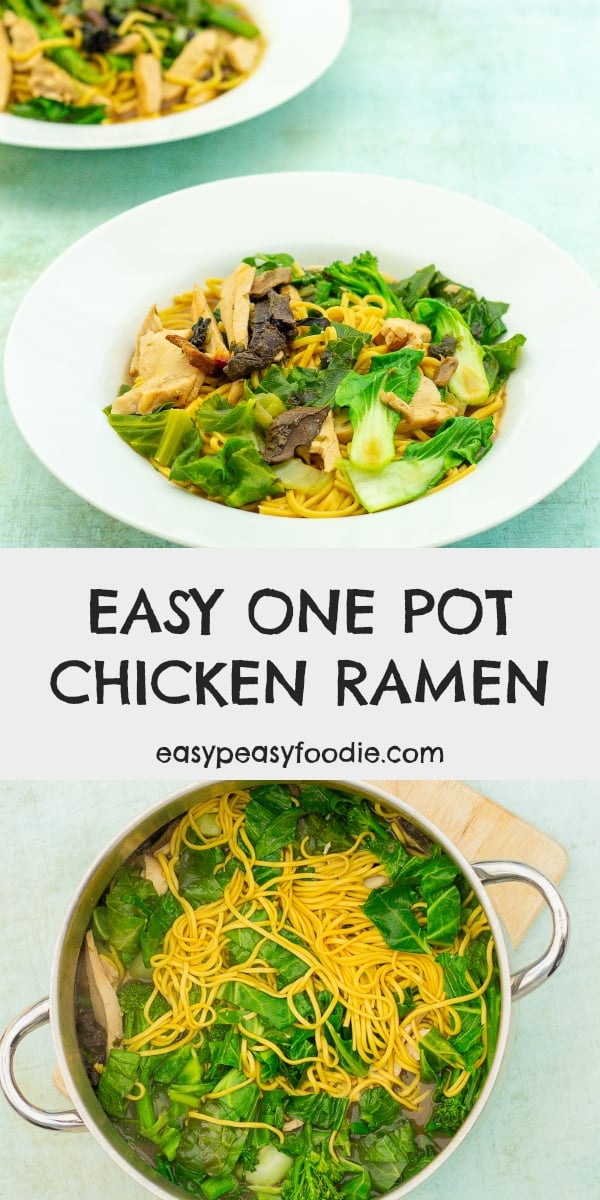 Quick, easy and nutritious, this Easy One Pot Chicken Ramen is packed full of delicious Japanese umami flavours - like seaweed, miso and soy sauce - but takes just 20 minutes to make and only uses one pot. Perfect when you need dinner in a hurry, but don't want to compromise on flavour! #ramen #chickenramen #noodles #chickennoodles #chickennoodlesoup #japanesefood #onepot #onepotdinner #under500calories #under30minutes #easymidweekmeals #easymeals #midweekmeals #easydinners #easypeasyfoodie