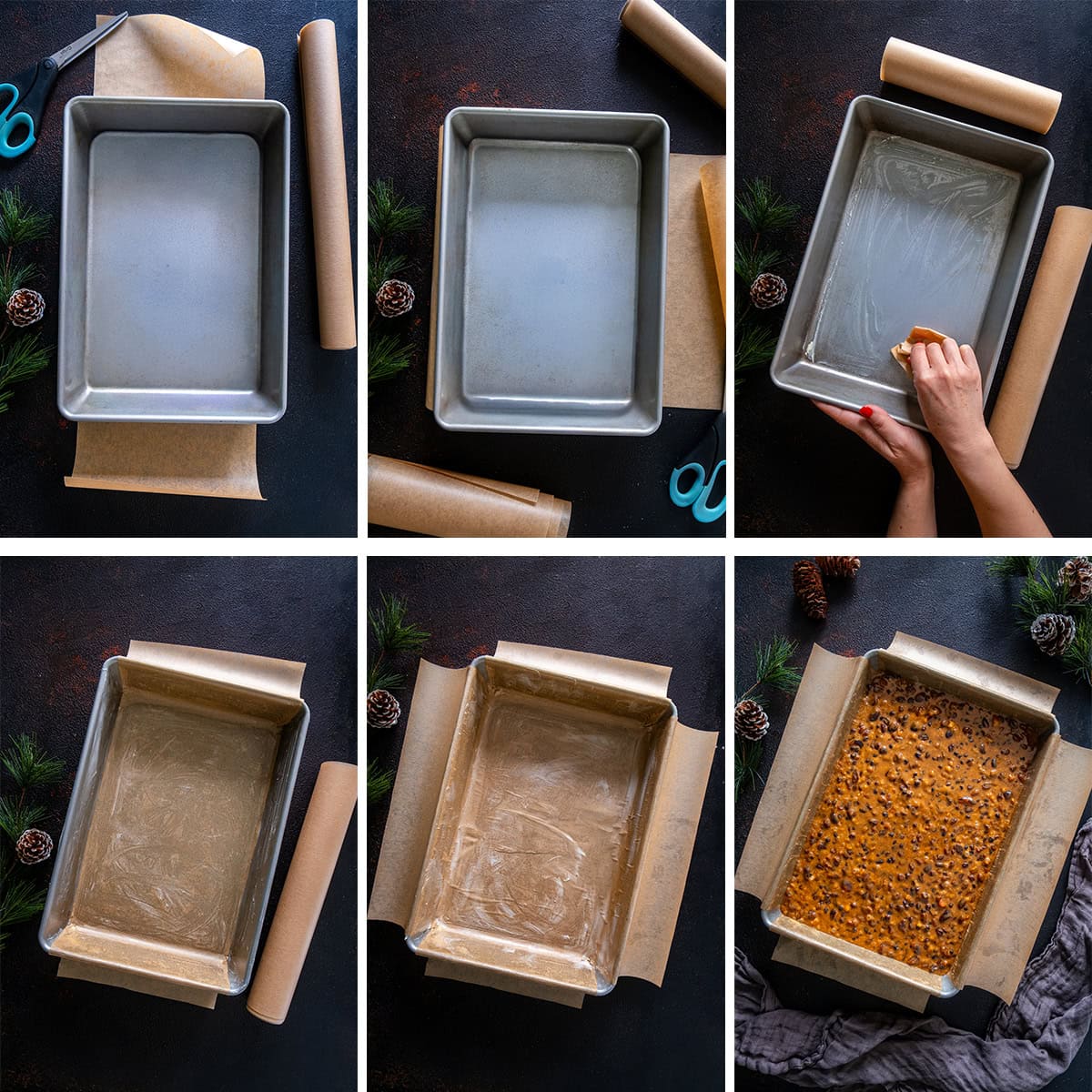 Collage showing 6 process shots for lining a rectangular cake pan - the easy peasy way!