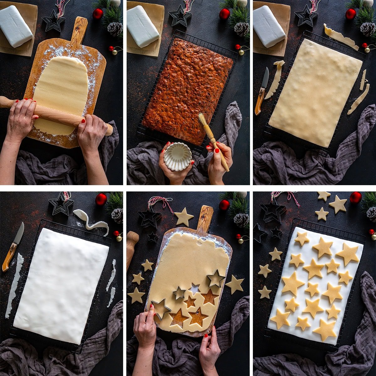 Collage showing 6 process shots for decorating Easy Christmas Cake Traybake